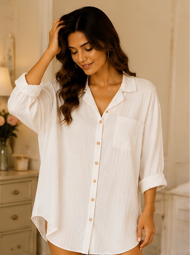 Women’s White Full Sleeve Button Front Sleep Shirt Nightwear